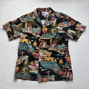 RJC Hawaiian Shirt Mens Medium Black Vintage Car Surfboard Aloha Button Down